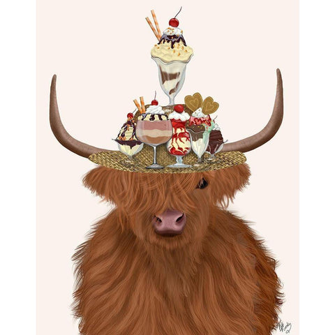 Highland Cow and Ice Cream Hat White Modern Wood Framed Art Print by Fab Funky