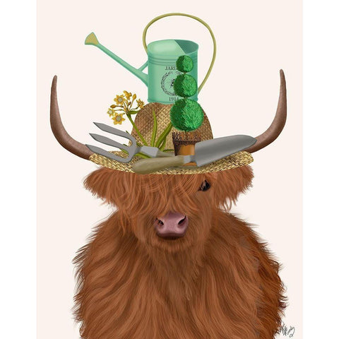 Highland Cow and Gardeners Hat Gold Ornate Wood Framed Art Print with Double Matting by Fab Funky