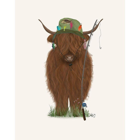 Highland Cow Fisherman Gold Ornate Wood Framed Art Print with Double Matting by Fab Funky