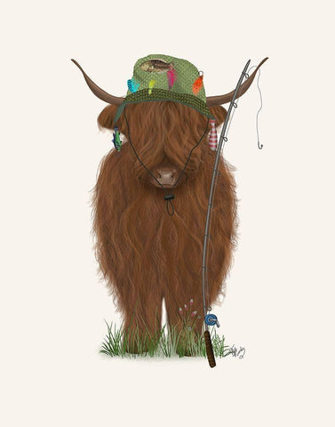 Highland Cow Fisherman White Modern Wood Framed Art Print with Double Matting by Fab Funky