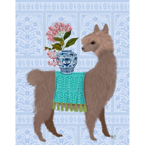 Llama Chinoiserie 1 Black Modern Wood Framed Art Print with Double Matting by Fab Funky