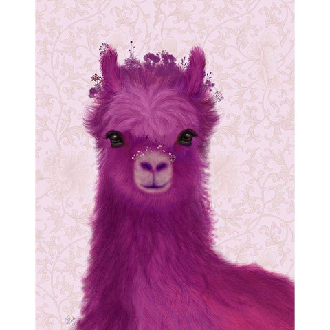 Llama Purple Meadow Flowers Gold Ornate Wood Framed Art Print with Double Matting by Fab Funky