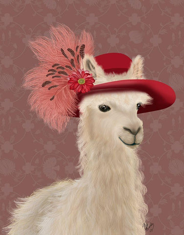 Llama Red Feather Hat White Modern Wood Framed Art Print with Double Matting by Fab Funky