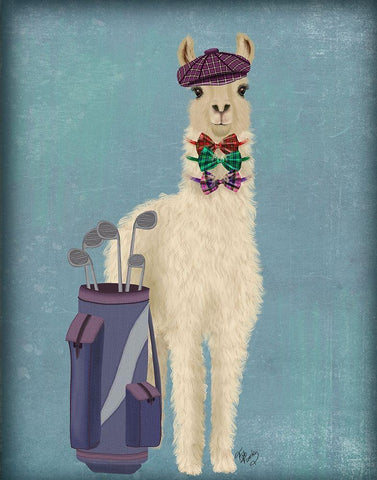 Llama Golfing Black Ornate Wood Framed Art Print with Double Matting by Fab Funky