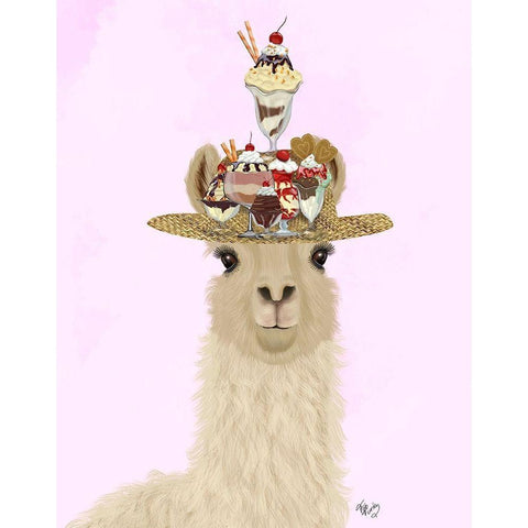 Llama Ice Cream Hat White Modern Wood Framed Art Print by Fab Funky