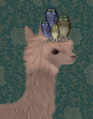 Llama Owls, Portrait Black Ornate Wood Framed Art Print with Double Matting by Fab Funky