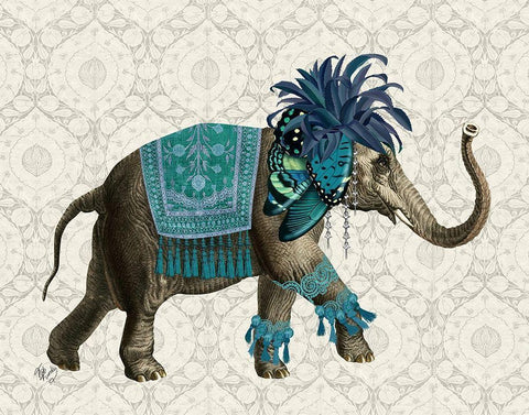 Niraj Elephant, Blue White Modern Wood Framed Art Print with Double Matting by Fab Funky