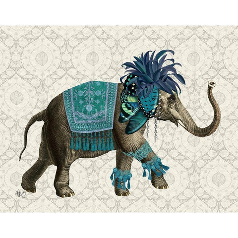 Niraj Elephant, Blue Gold Ornate Wood Framed Art Print with Double Matting by Fab Funky