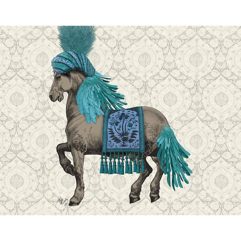 Niraj Horse, Blue White Modern Wood Framed Art Print by Fab Funky