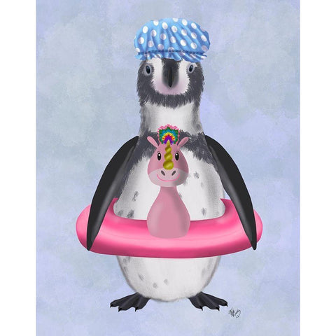 Penguin Unicorn Rubber Ring Black Modern Wood Framed Art Print by Fab Funky