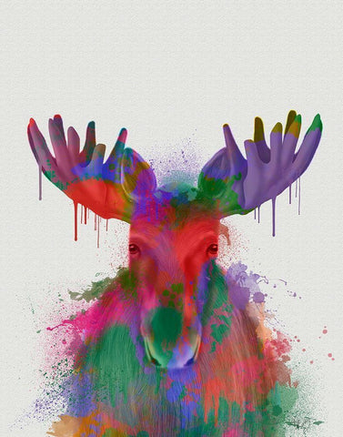 Moose Rainbow Splash White Modern Wood Framed Art Print with Double Matting by Fab Funky