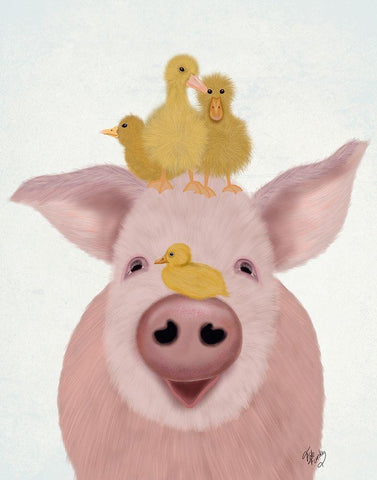 Pig and Ducklings White Modern Wood Framed Art Print with Double Matting by Fab Funky