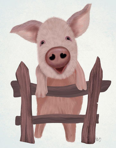 Pig On Fence White Modern Wood Framed Art Print with Double Matting by Fab Funky