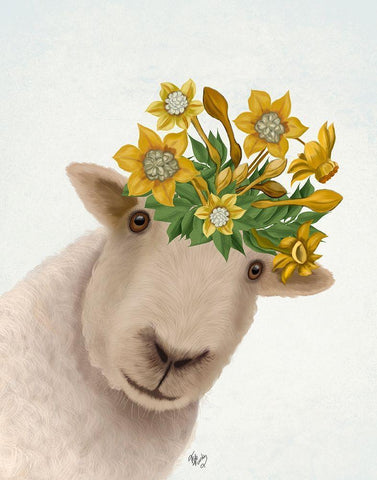 Sheep with Daffodil Crown White Modern Wood Framed Art Print with Double Matting by Fab Funky