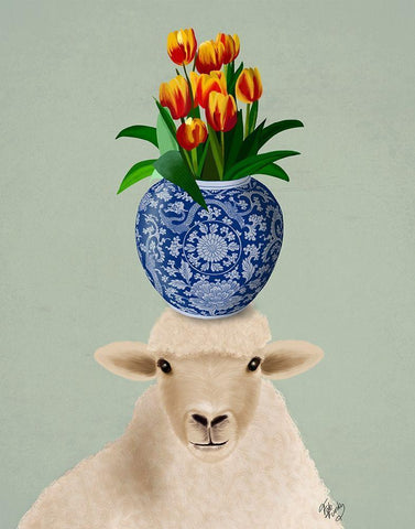 Sheep and Tulips White Modern Wood Framed Art Print with Double Matting by Fab Funky