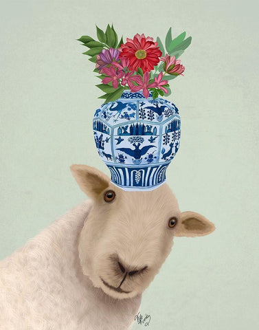 Sheep with Vase of Flowers White Modern Wood Framed Art Print with Double Matting by Fab Funky