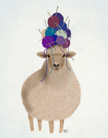 Sheep with Wool Hat, Full White Modern Wood Framed Art Print with Double Matting by Fab Funky
