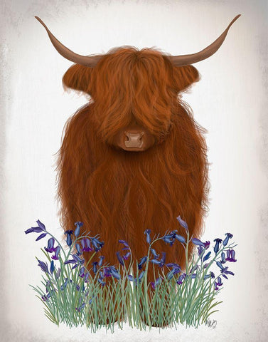 Highland Cow, Bluebell White Modern Wood Framed Art Print with Double Matting by Fab Funky