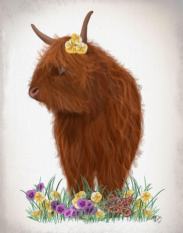 Highland Cow, Pansy White Modern Wood Framed Art Print with Double Matting by Fab Funky