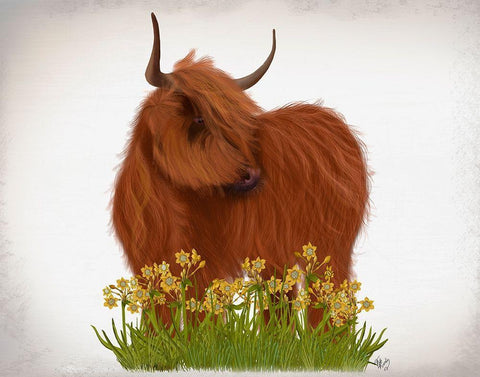 Highland Cow, Daffodil White Modern Wood Framed Art Print with Double Matting by Fab Funky