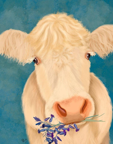 Cow Cream, Bluebells White Modern Wood Framed Art Print with Double Matting by Fab Funky