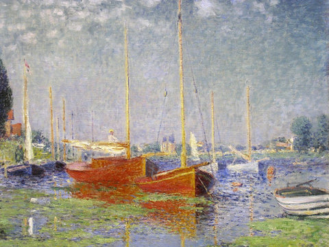 Red Boats at Argenteuil White Modern Wood Framed Art Print with Double Matting by Monet, Claude