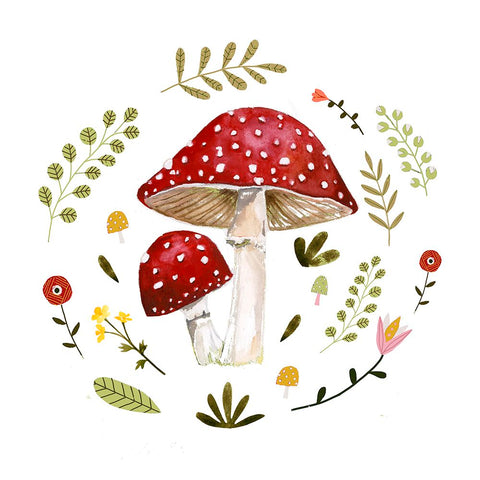 Folksy Mushrooms I White Modern Wood Framed Art Print with Double Matting by Barnes, Victoria