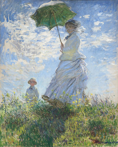 Woman with Parasol White Modern Wood Framed Art Print with Double Matting by Monet, Claude