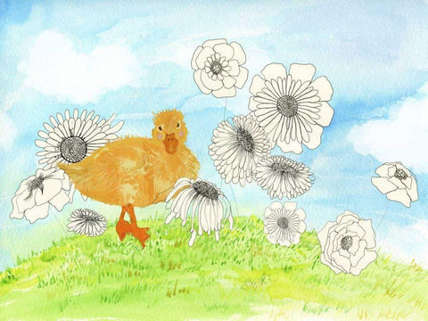 Duck and Flowers White Modern Wood Framed Art Print with Double Matting by Blixt, Ingrid