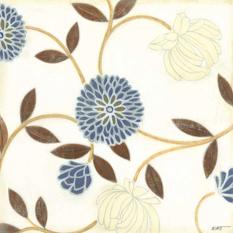 Blue and Cream Flowers on Silk I Black Ornate Wood Framed Art Print with Double Matting by Wyatt Jr., Norman
