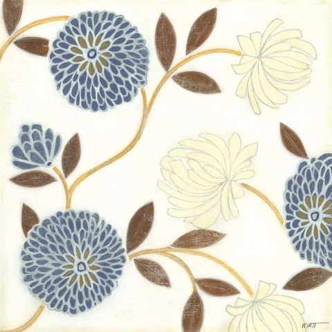 Blue and Cream Flowers on Silk II Black Ornate Wood Framed Art Print with Double Matting by Wyatt Jr., Norman