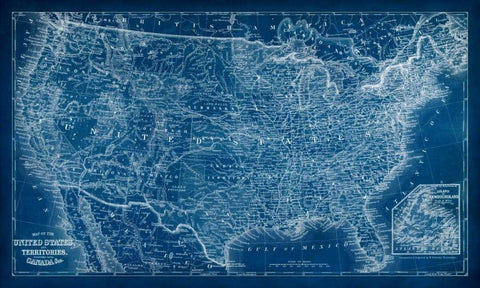 US Map Blueprint Black Ornate Wood Framed Art Print with Double Matting by Vision Studio