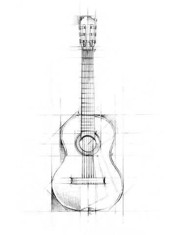 Guitar Sketch White Modern Wood Framed Art Print with Double Matting by Harper, Ethan