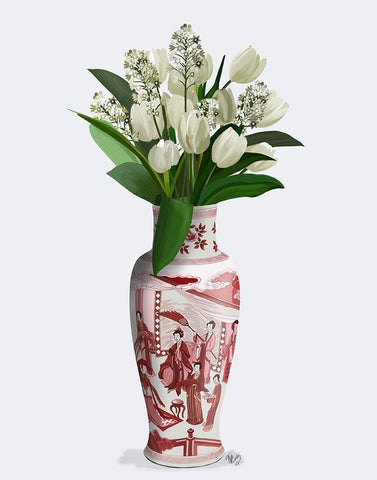 Chinoiserie Tulips White, Hyacinth White, Red Vase Black Ornate Wood Framed Art Print with Double Matting by Fab Funky