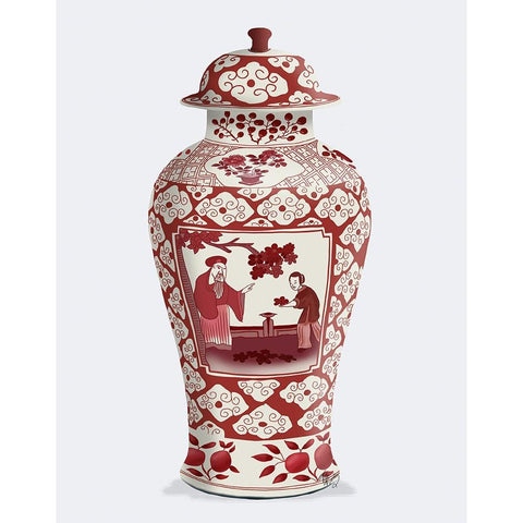 Chinoiserie Cherry Blossom Picker, Red Black Modern Wood Framed Art Print by Fab Funky