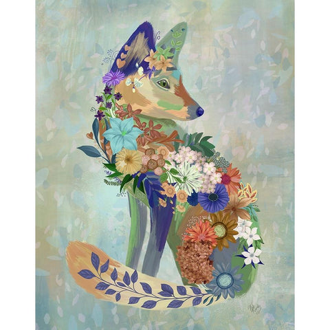 Fantastic Florals Fox-Sitting White Modern Wood Framed Art Print by Fab Funky