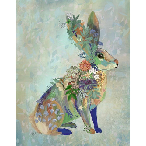 Fantastic Florals Hare-Sitting White Modern Wood Framed Art Print by Fab Funky