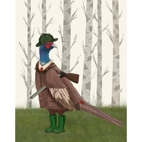 Pheasant Shooting Party 5 White Modern Wood Framed Art Print by Fab Funky