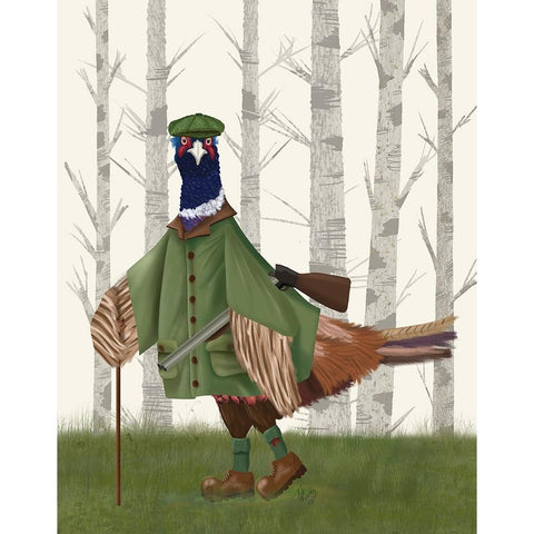 Pheasant Shooting Party 6 White Modern Wood Framed Art Print by Fab Funky