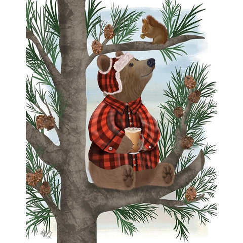 Lumberjack Bear Pine Tree Coffee Break Black Modern Wood Framed Art Print with Double Matting by Fab Funky