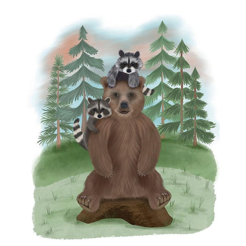 Bear and Raccoon Friends White Modern Wood Framed Art Print by Fab Funky