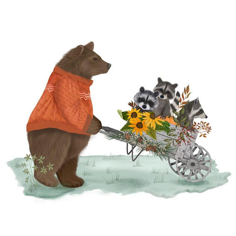 Bear and Raccoons in Wheelbarrow Black Modern Wood Framed Art Print with Double Matting by Fab Funky