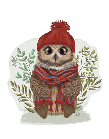 Owl in Tartan Scarf Black Ornate Wood Framed Art Print with Double Matting by Fab Funky