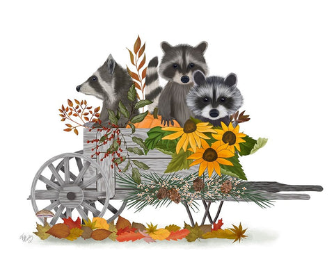 Raccoon Wheelbarrow Black Ornate Wood Framed Art Print with Double Matting by Fab Funky
