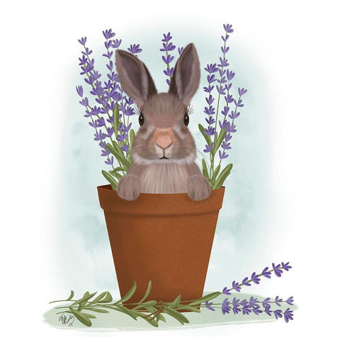 Bunny In Lavender Pot White Modern Wood Framed Art Print by Fab Funky