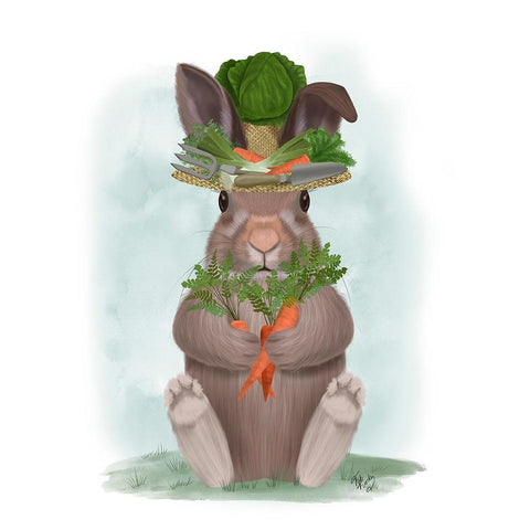 Rabbit Carrot Hat White Modern Wood Framed Art Print by Fab Funky