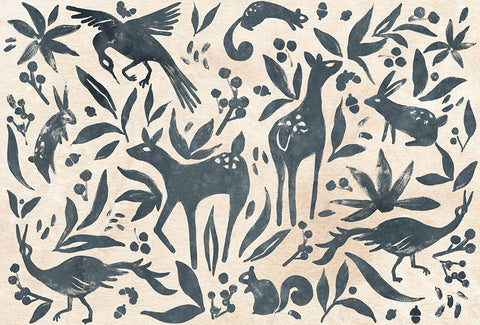 Woodland Woodblock Collection A White Modern Wood Framed Art Print with Double Matting by Vess, June Erica