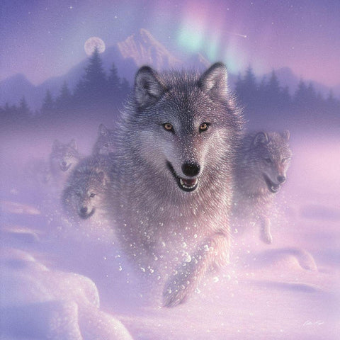 Running Wolves - Northern Lights - Square Gold Ornate Wood Framed Art Print with Double Matting by Bogle, Collin