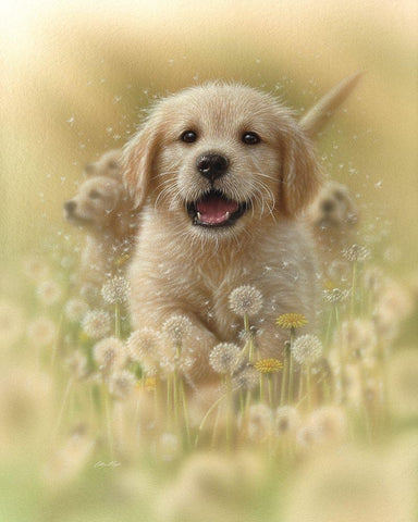 Golden Retriever Puppy - Dandelions White Modern Wood Framed Art Print with Double Matting by Bogle, Collin
