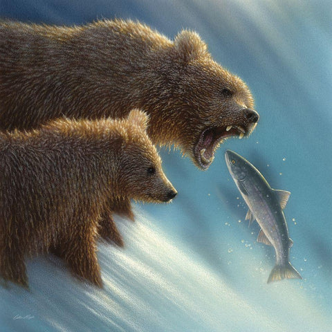 Brown Bears - Fishing Lesson Black Modern Wood Framed Art Print by Bogle, Collin